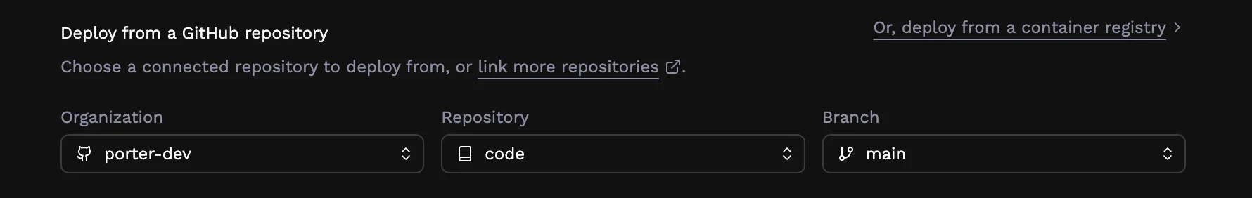 GitHub repository and branch selector