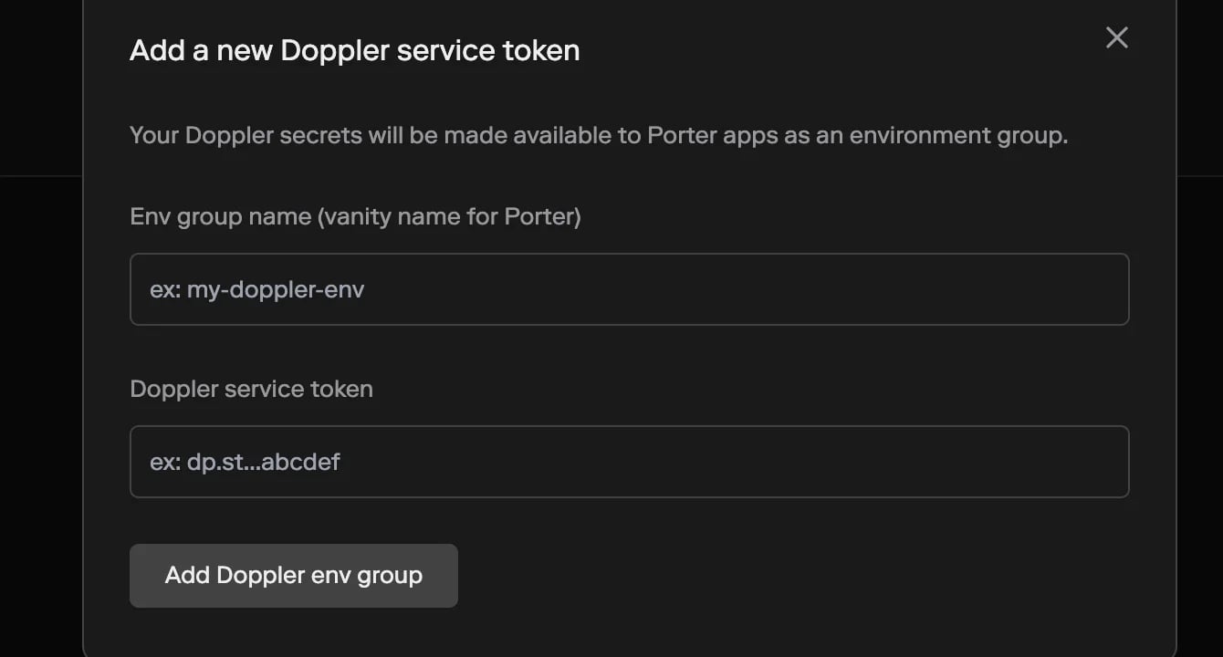 Add a new Doppler service token modal in the Porter dashboard