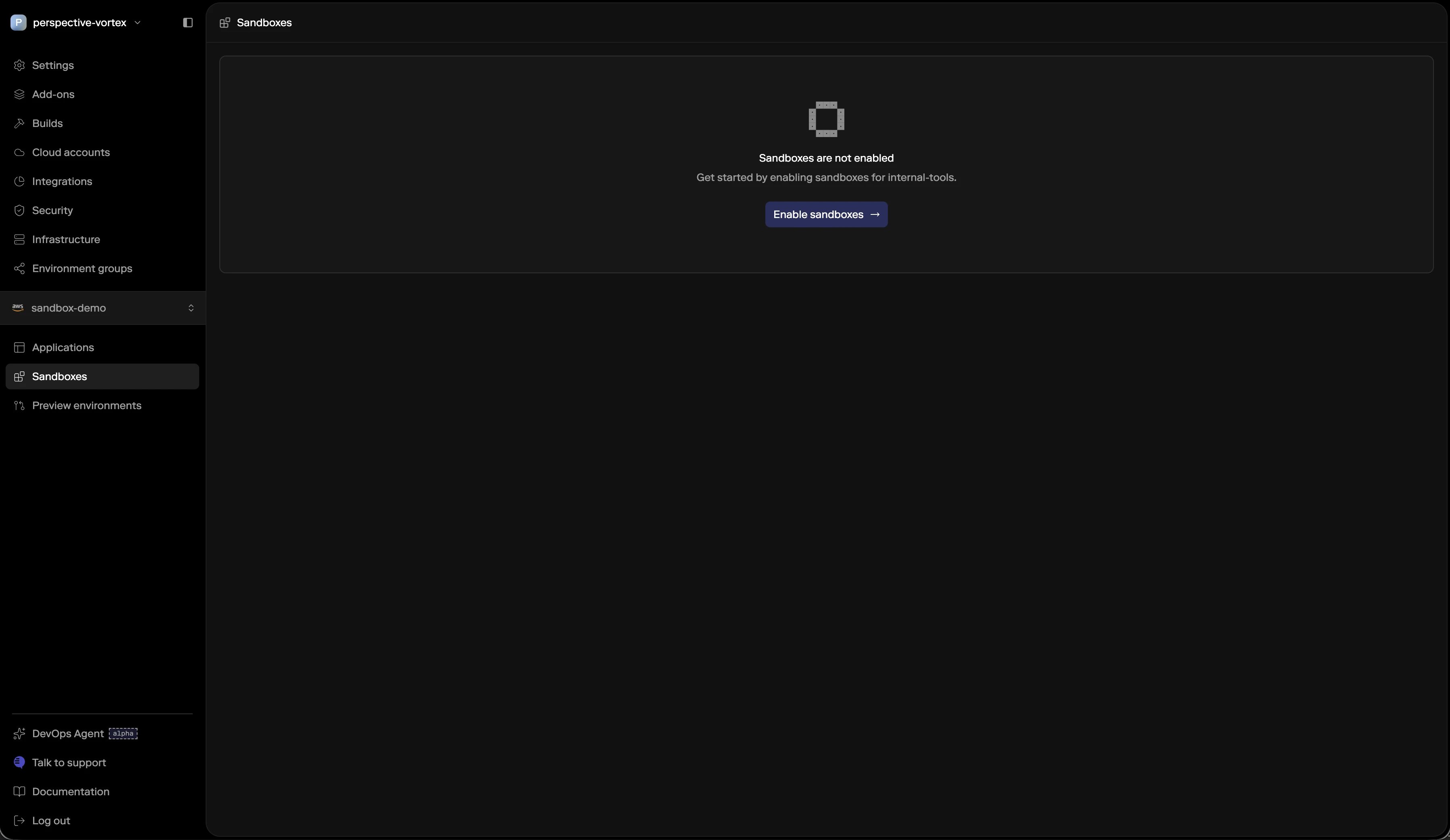 Sandbox tab with the enable sandboxes button