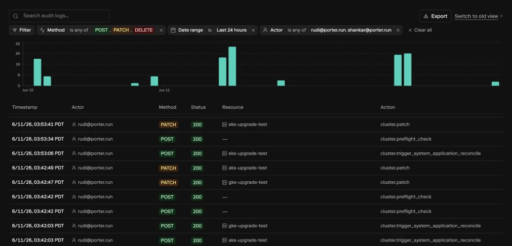 Audit logs page in the Porter dashboard