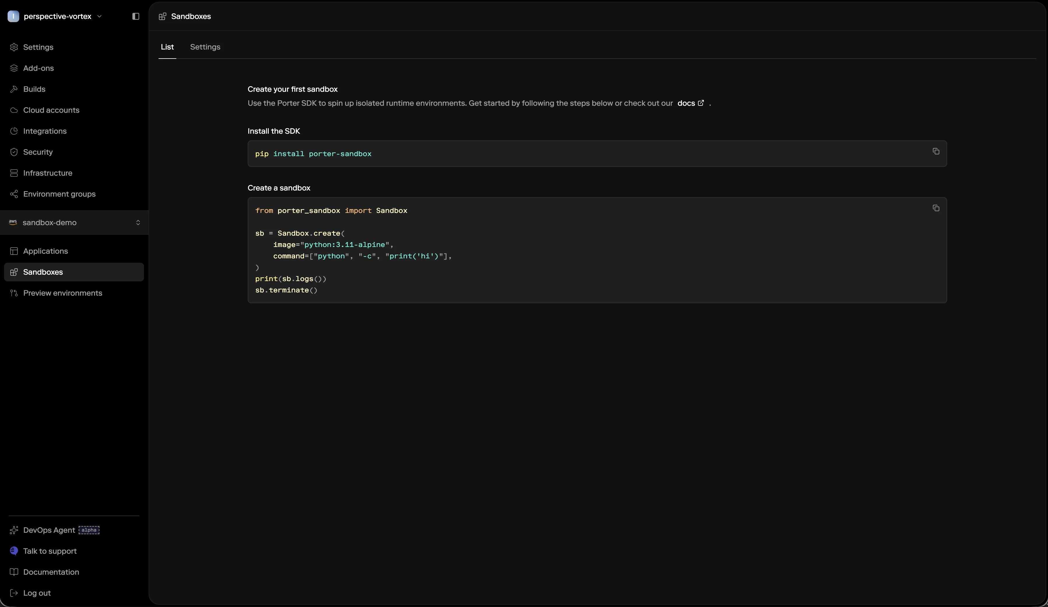 Sandbox tab after sandboxes are enabled