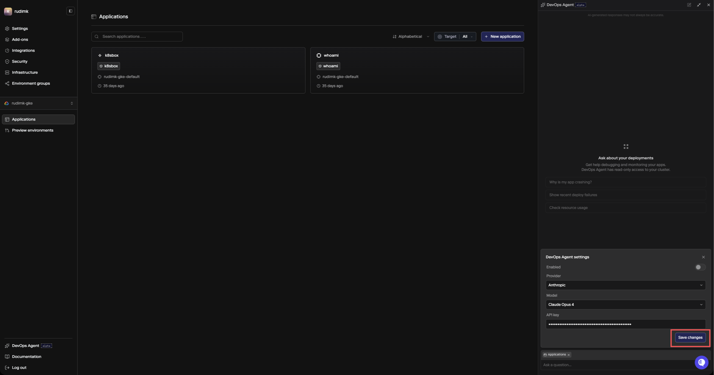DevOps Agent settings panel