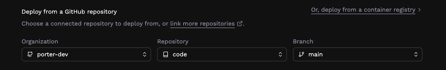 GitHub repository and branch selector