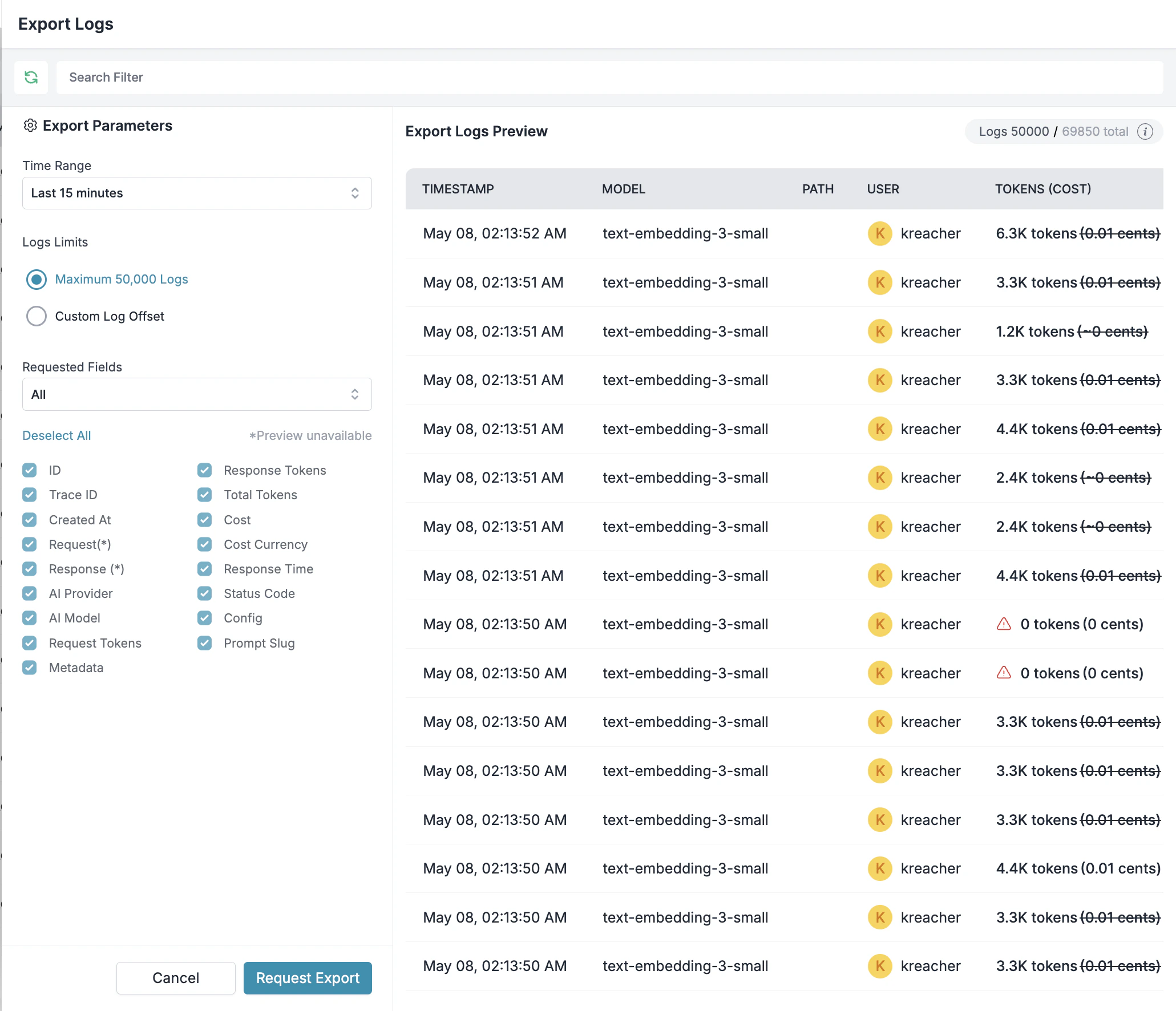 Export logs parameters configuration screen