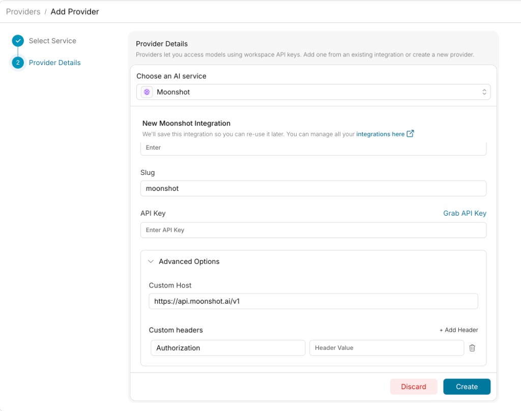 Moonshot provider setup showing Custom Host override in Advanced Options