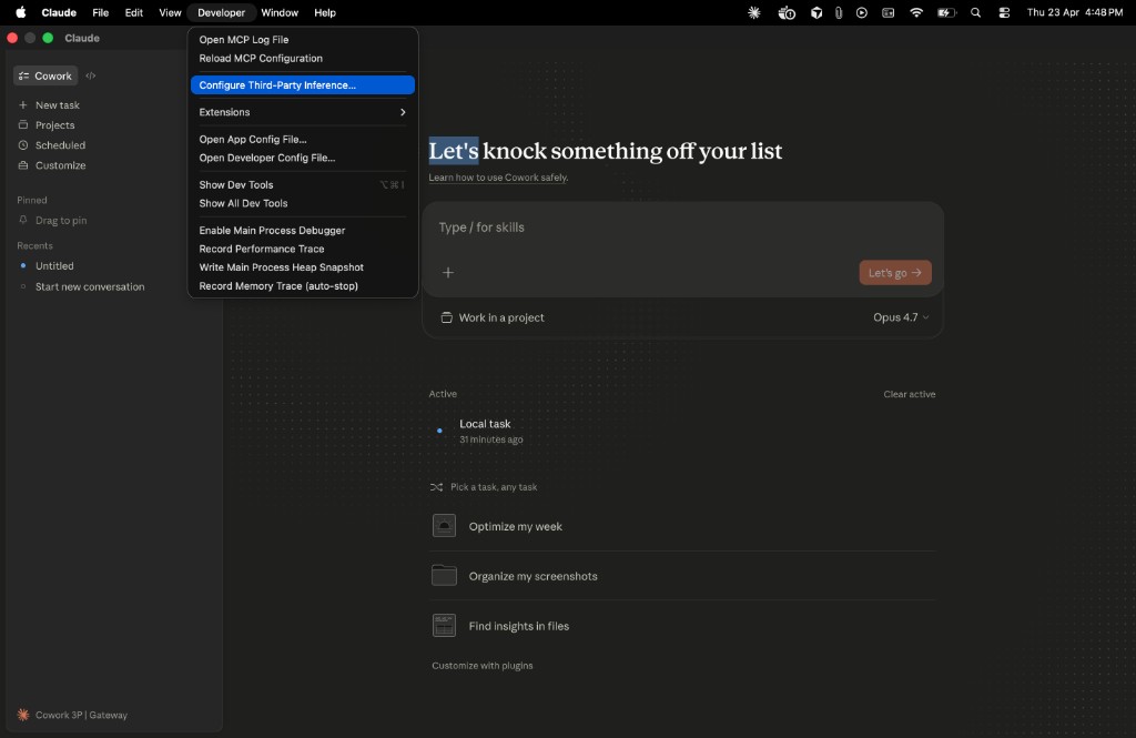 Developer menu showing Configure third-party inference option