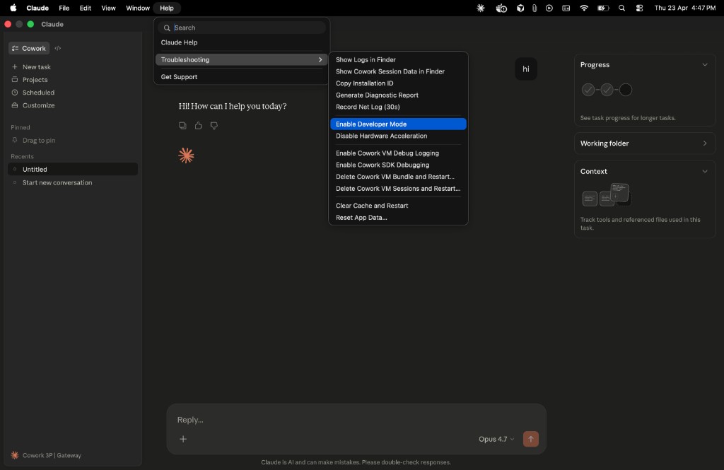 Enable Developer mode option under Help → Troubleshooting in Claude Desktop on macOS