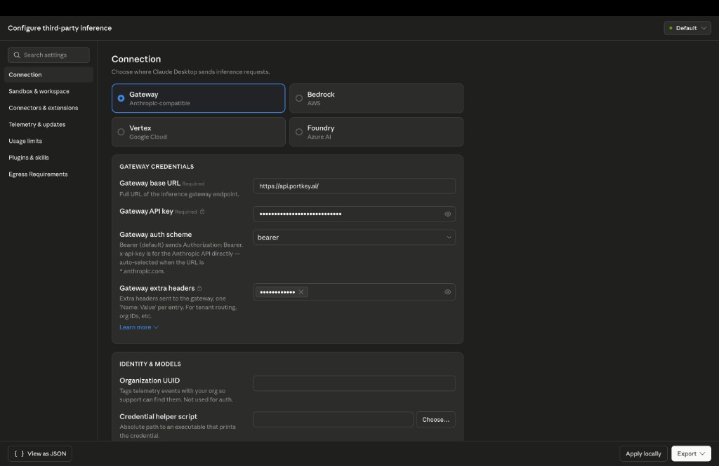Gateway configuration panel with base URL, API key, and auth scheme fields