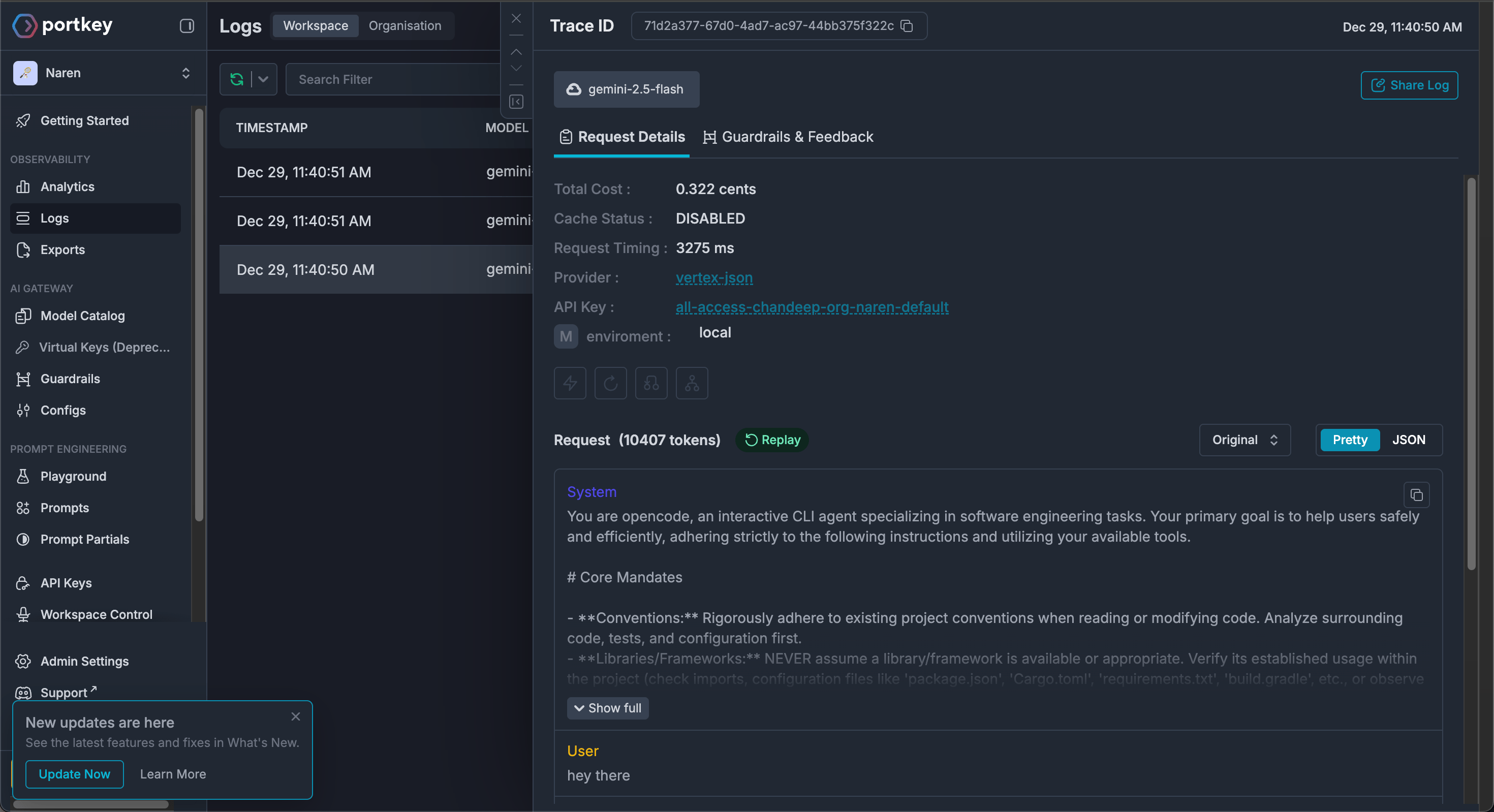 portkey dashboard opencode integration