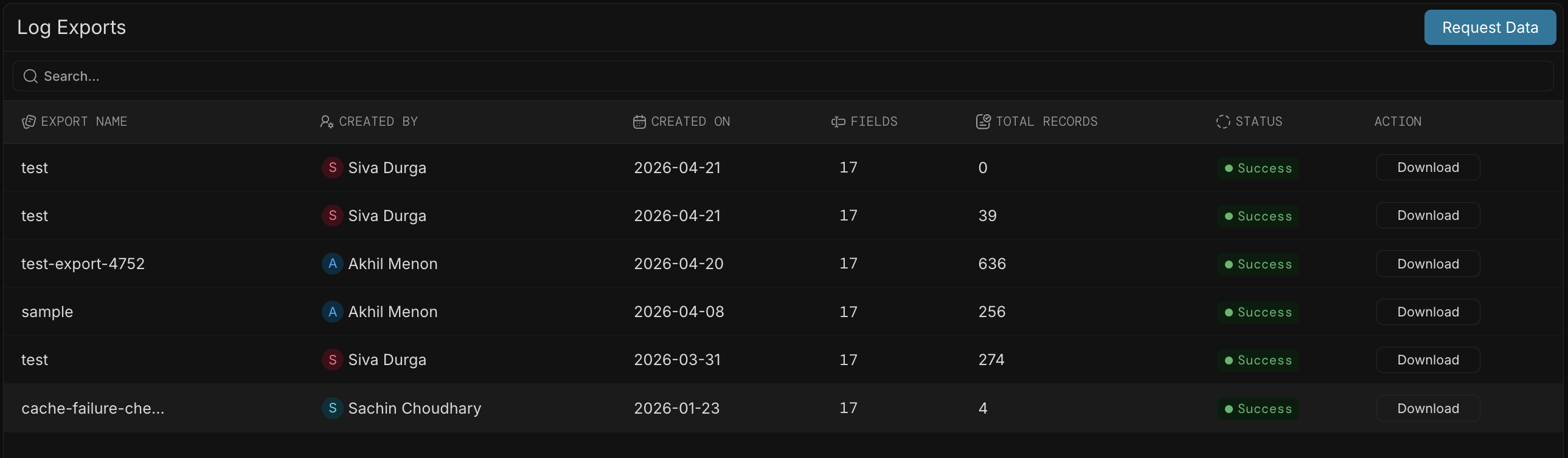 List of exports with status and download options