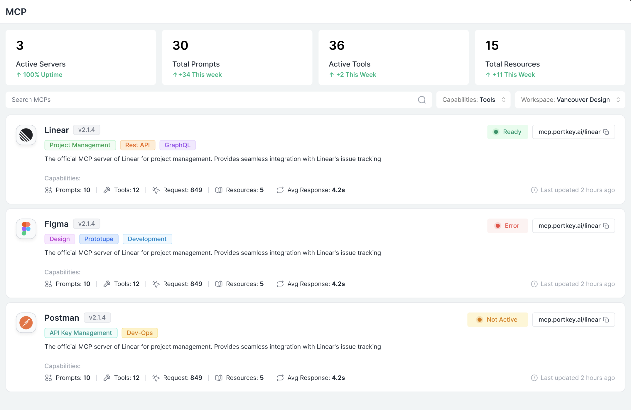 Workspace MCP page showing per-server connection URL