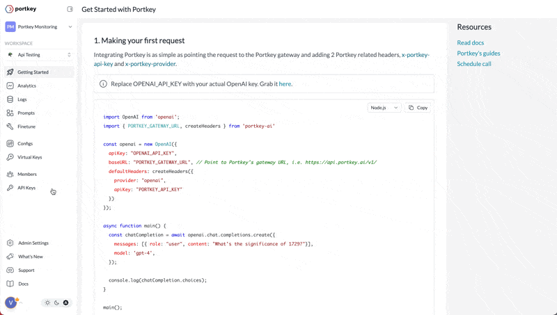 Copy your Portkey account API key