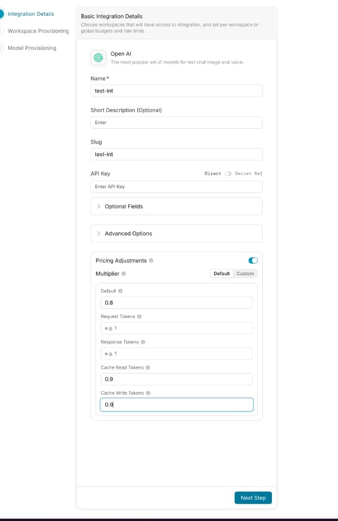 Pricing Adjustments section in the Add Integration form