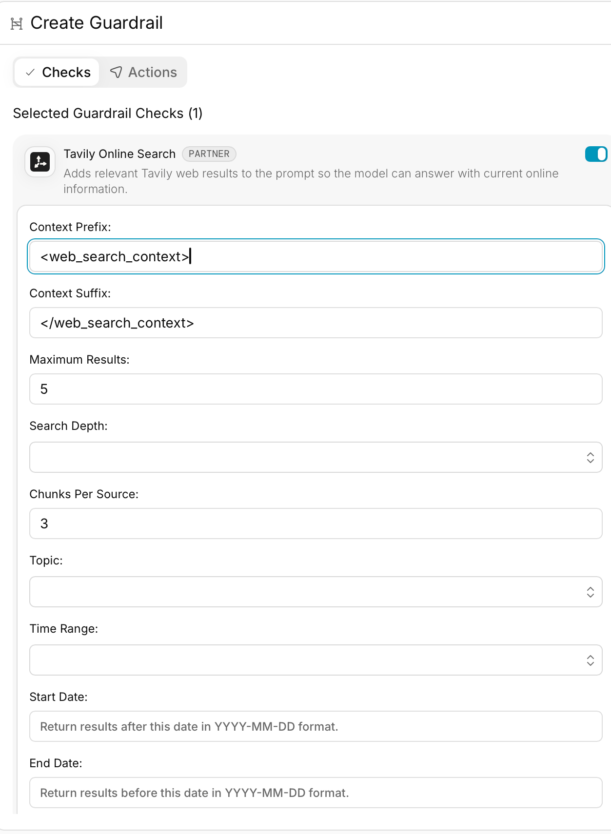 Tavily Online Search guardrail configuration in Portkey