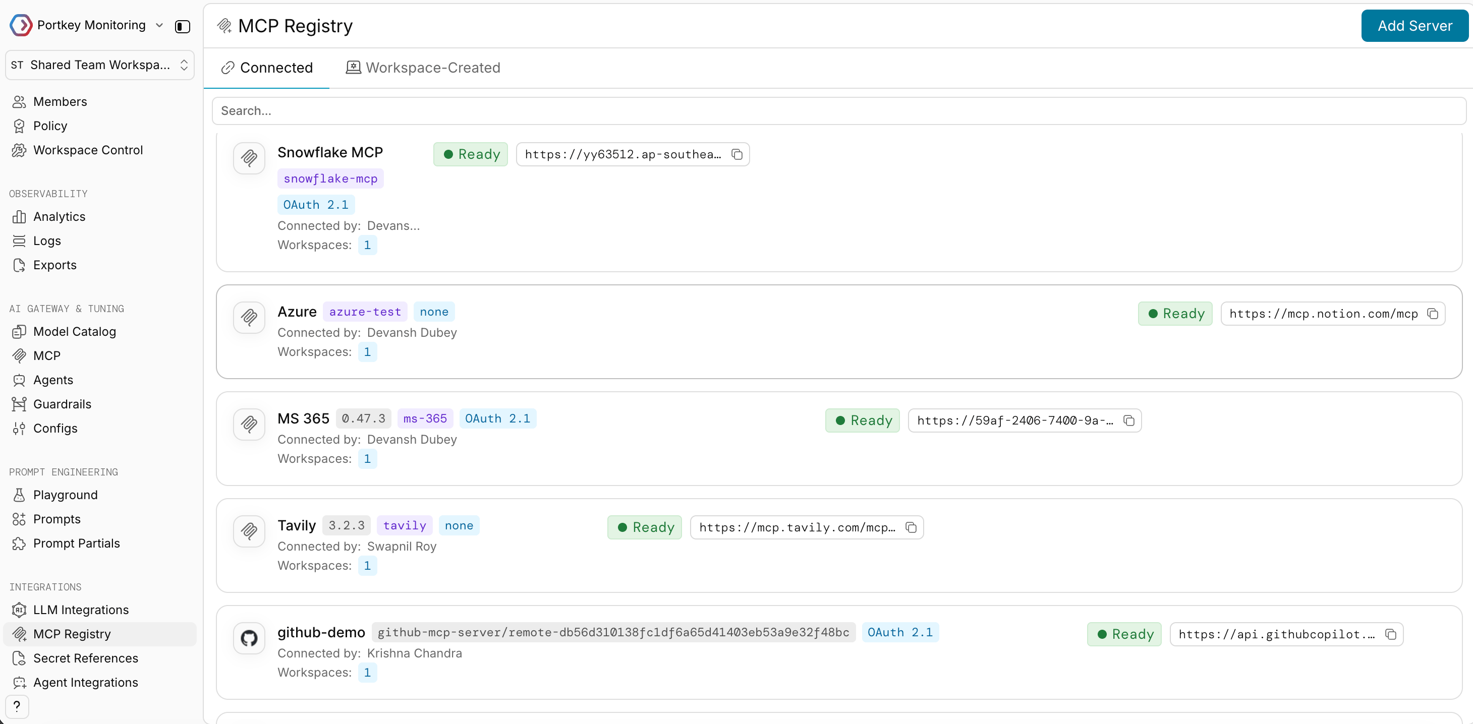 MCP Registry list with Add Server button