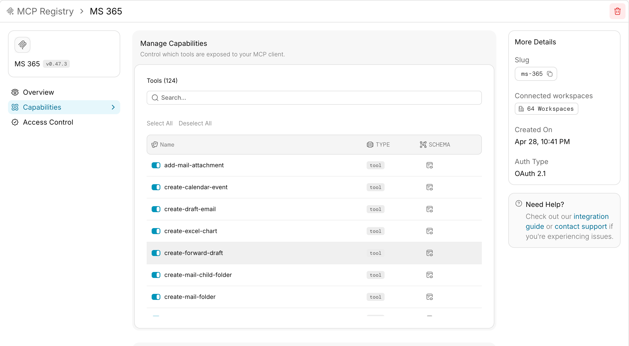 Capabilities tab