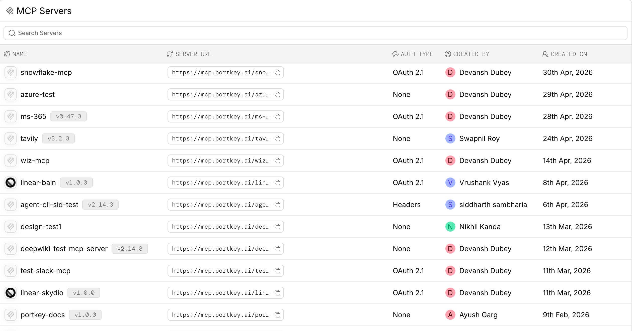 Workspace MCP page showing per-server connection URL