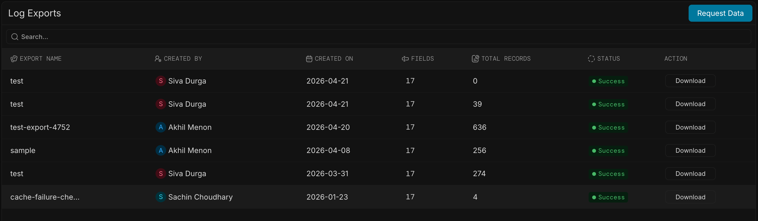 List of exports with status and download options