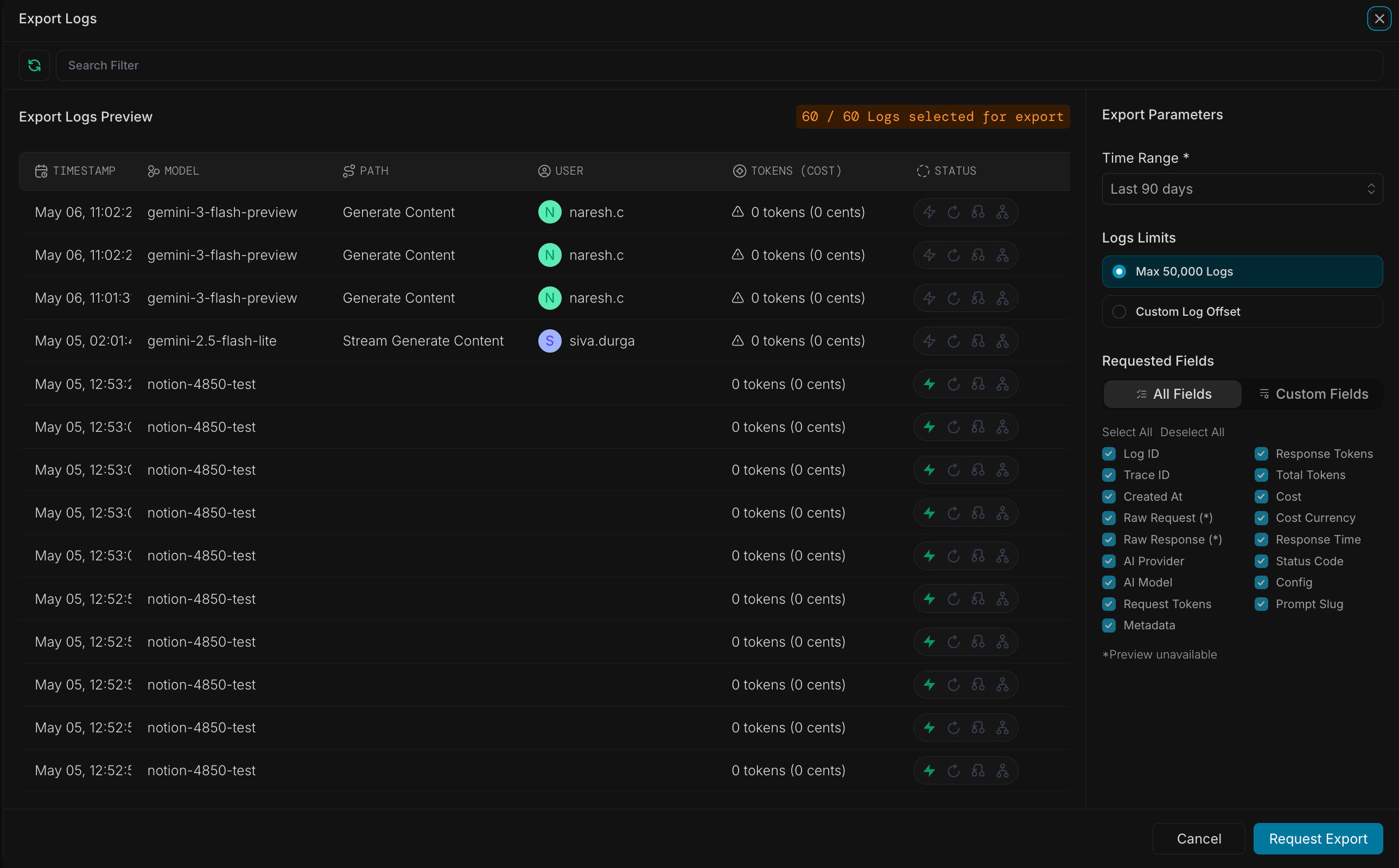 Export logs parameters configuration screen