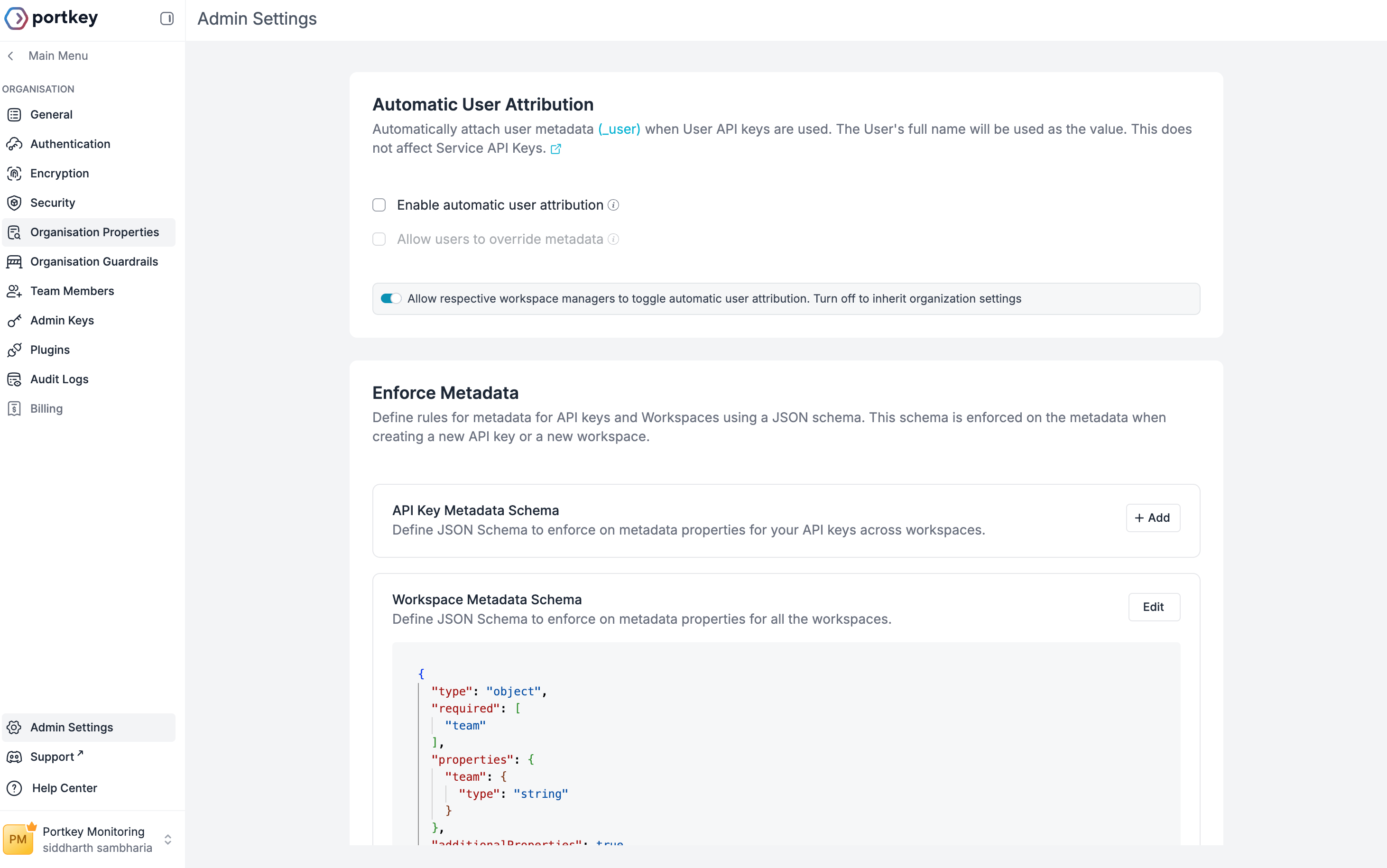 Organization settings page
