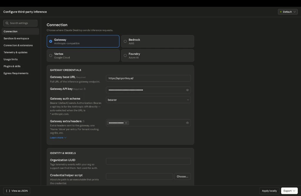 Gateway configuration panel with base URL, API key, and auth scheme fields