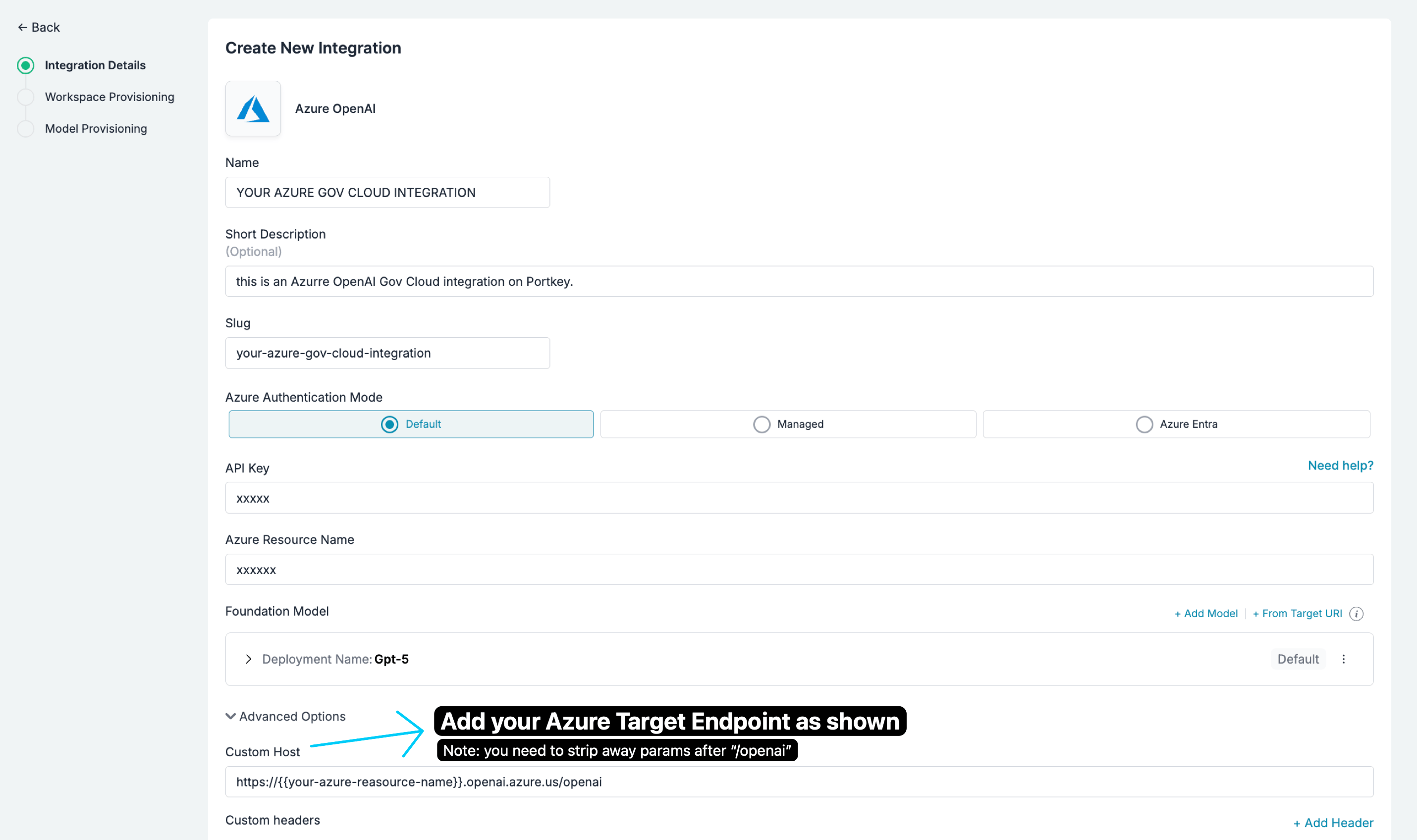 Configure Custom Host for Azure Government