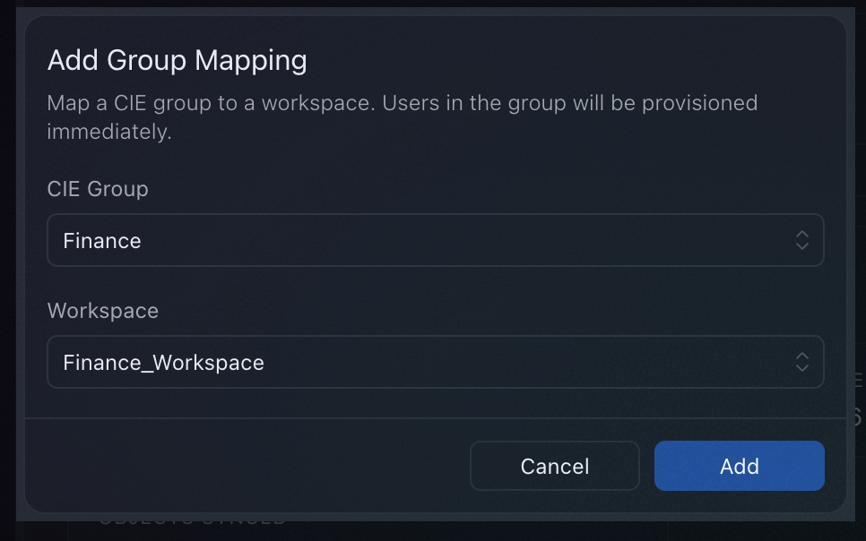 Add Group Mapping dialog — select a CIE Group and a Workspace, then click Add
