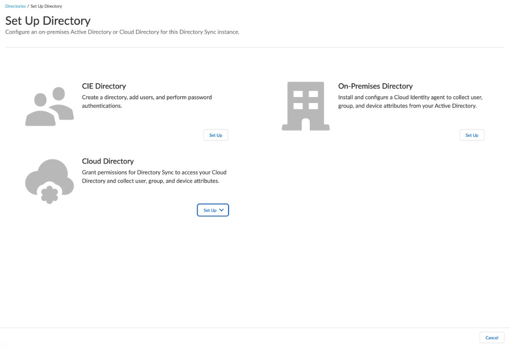 CIE "Set Up Directory" page — CIE Directory, On-Premises Directory, and Cloud Directory options