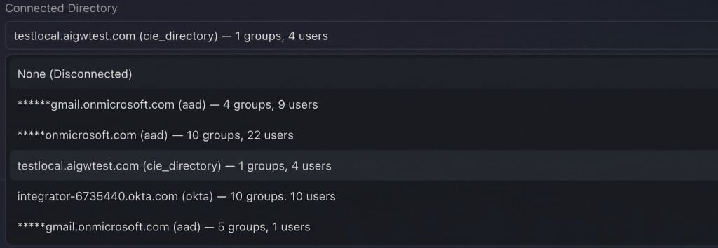 Connected Directory dropdown — available domains with provider type and user/group counts