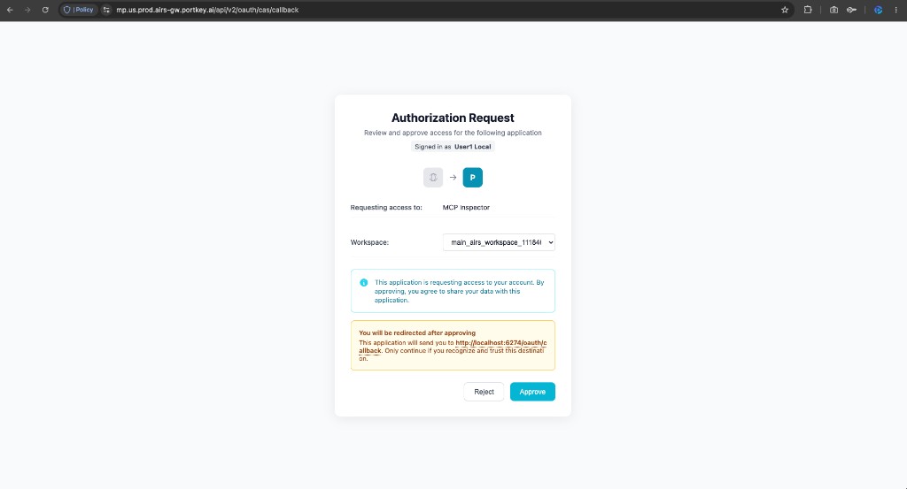 Authorization Request — consent page showing the MCP server name, workspace selection, redirect destination, and approve/reject buttons