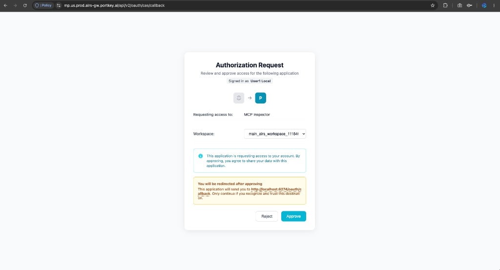 Authorization Request — consent page showing the MCP server name, workspace selection, redirect destination, and approve/reject buttons