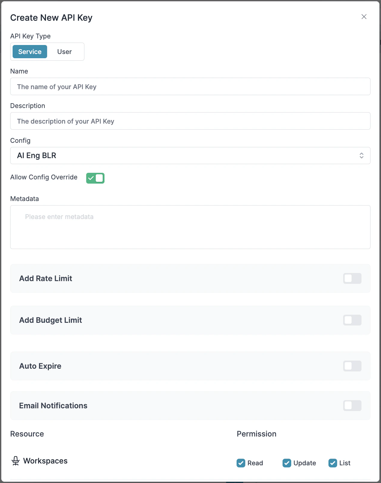 Admin API Key Config Selection