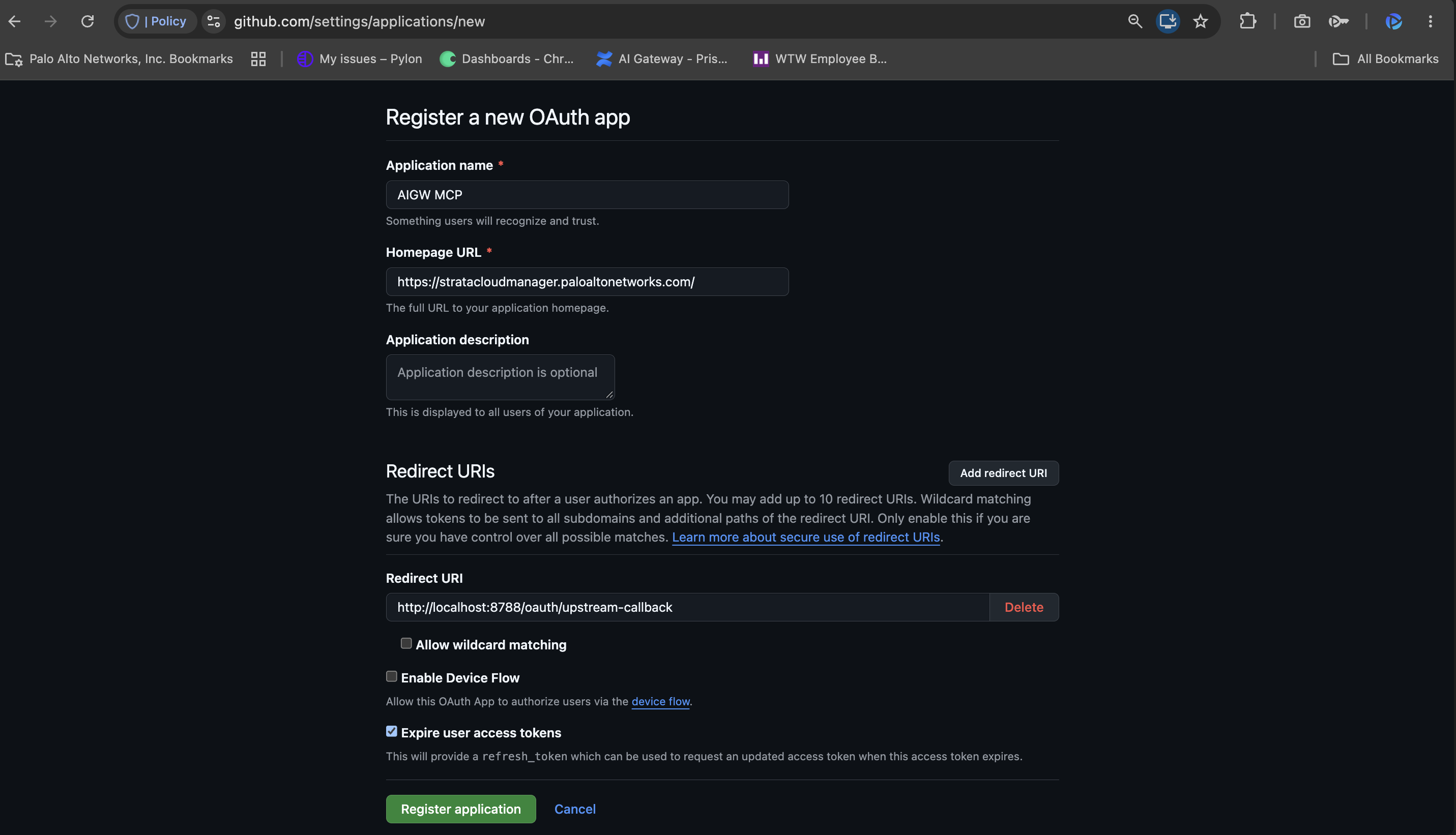 Registering the GitHub OAuth App with the MCP Gateway upstream callback as the redirect URI
