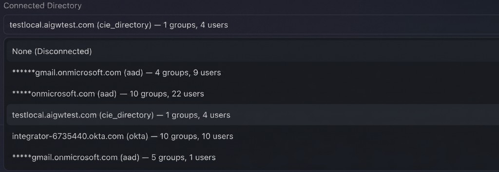Connected Directory dropdown — available domains with provider type and user/group counts