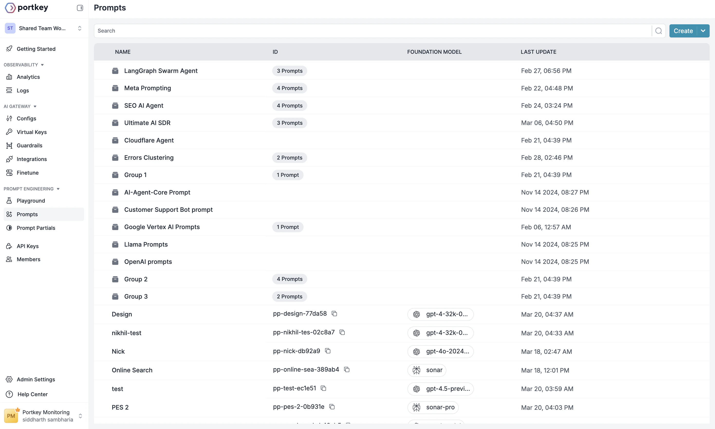 Team skills stored as versioned prompt partials in Portkey
