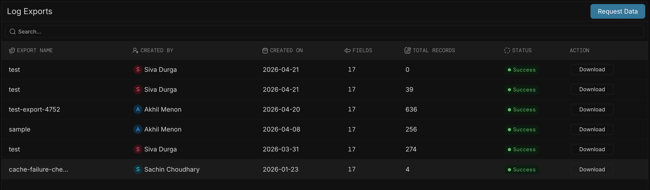 List of exports with status and download options