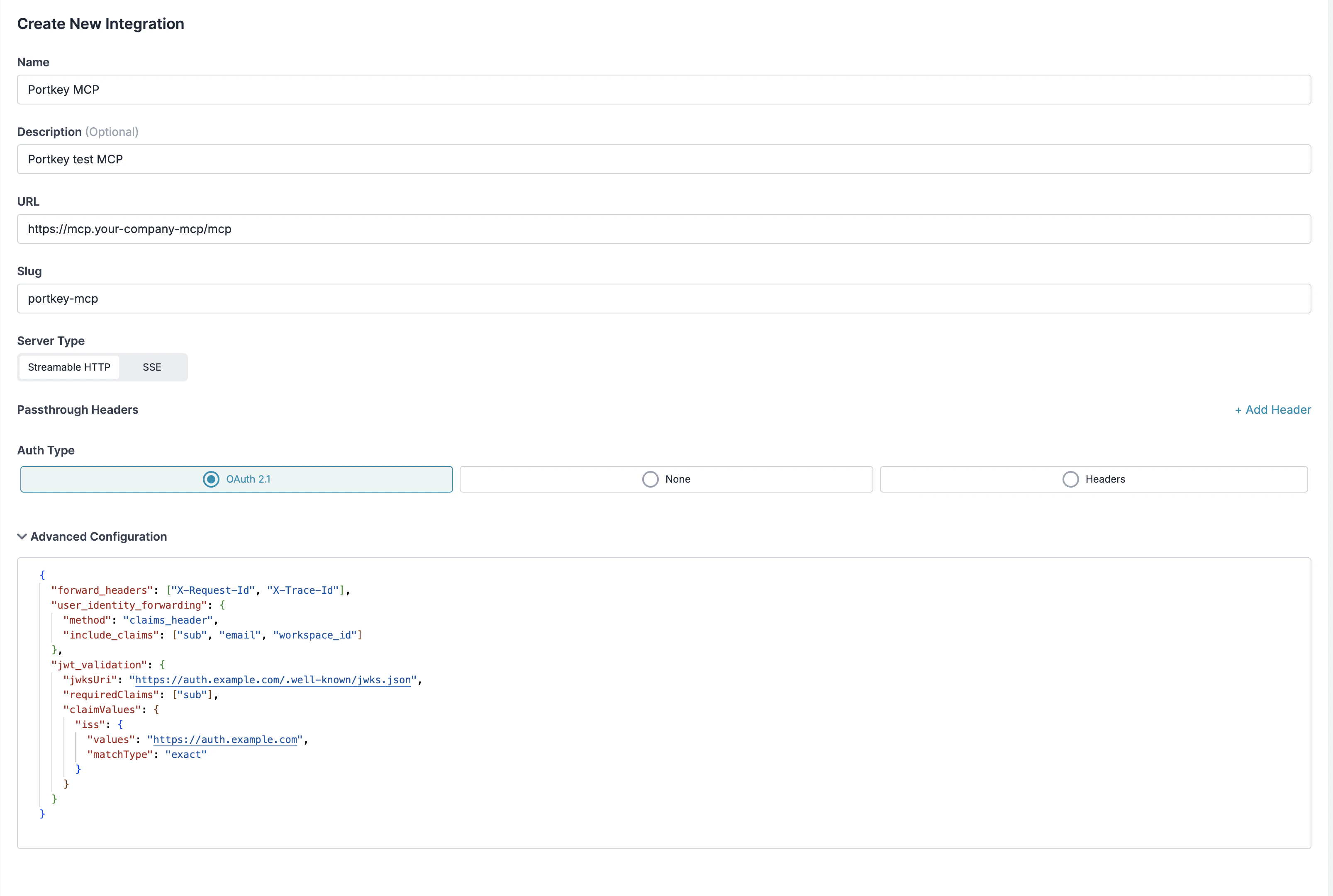 Advanced Configuration field in the MCP integration form
