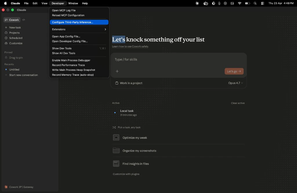 Developer menu showing Configure third-party inference option