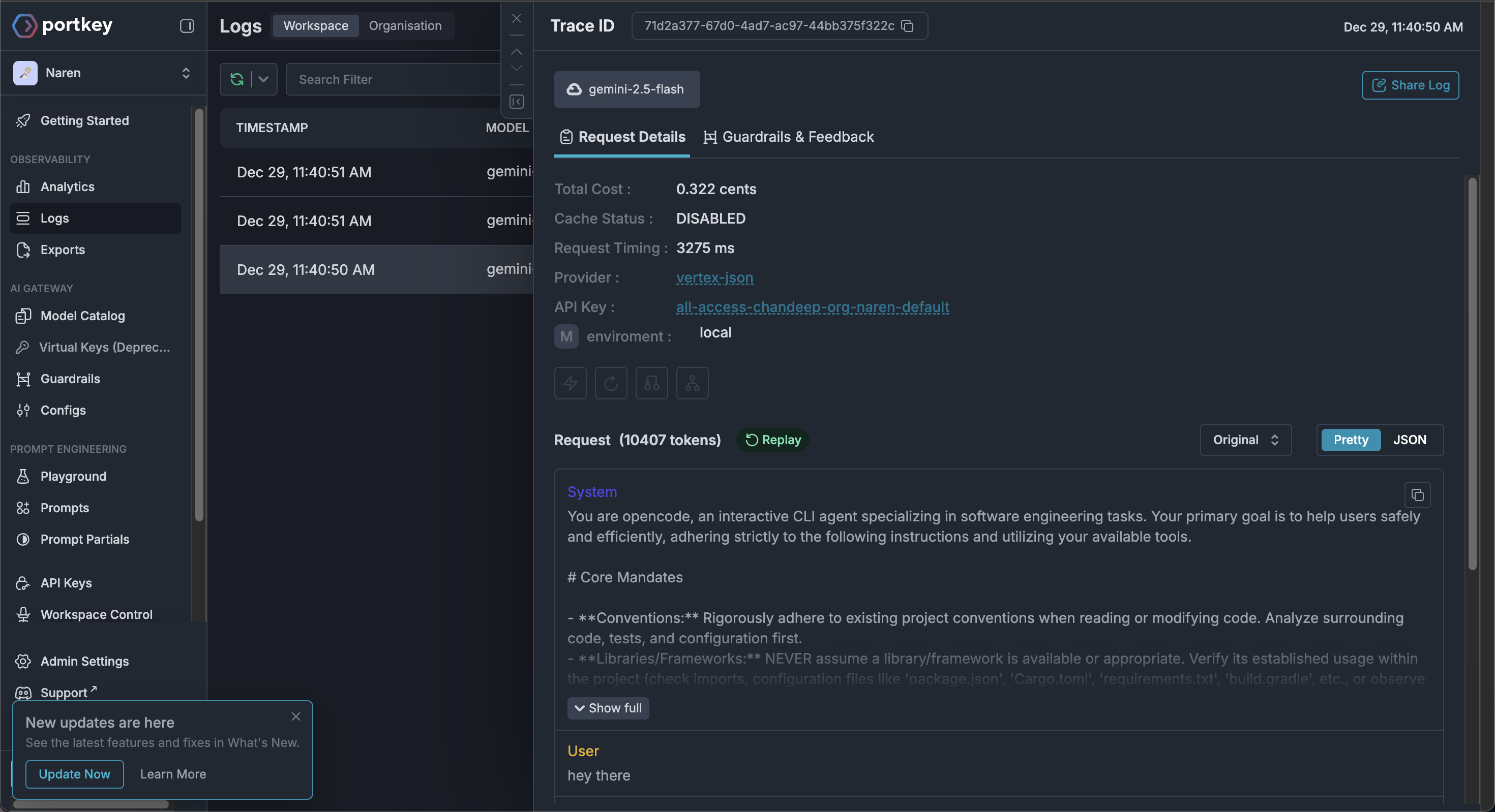 portkey dashboard opencode integration