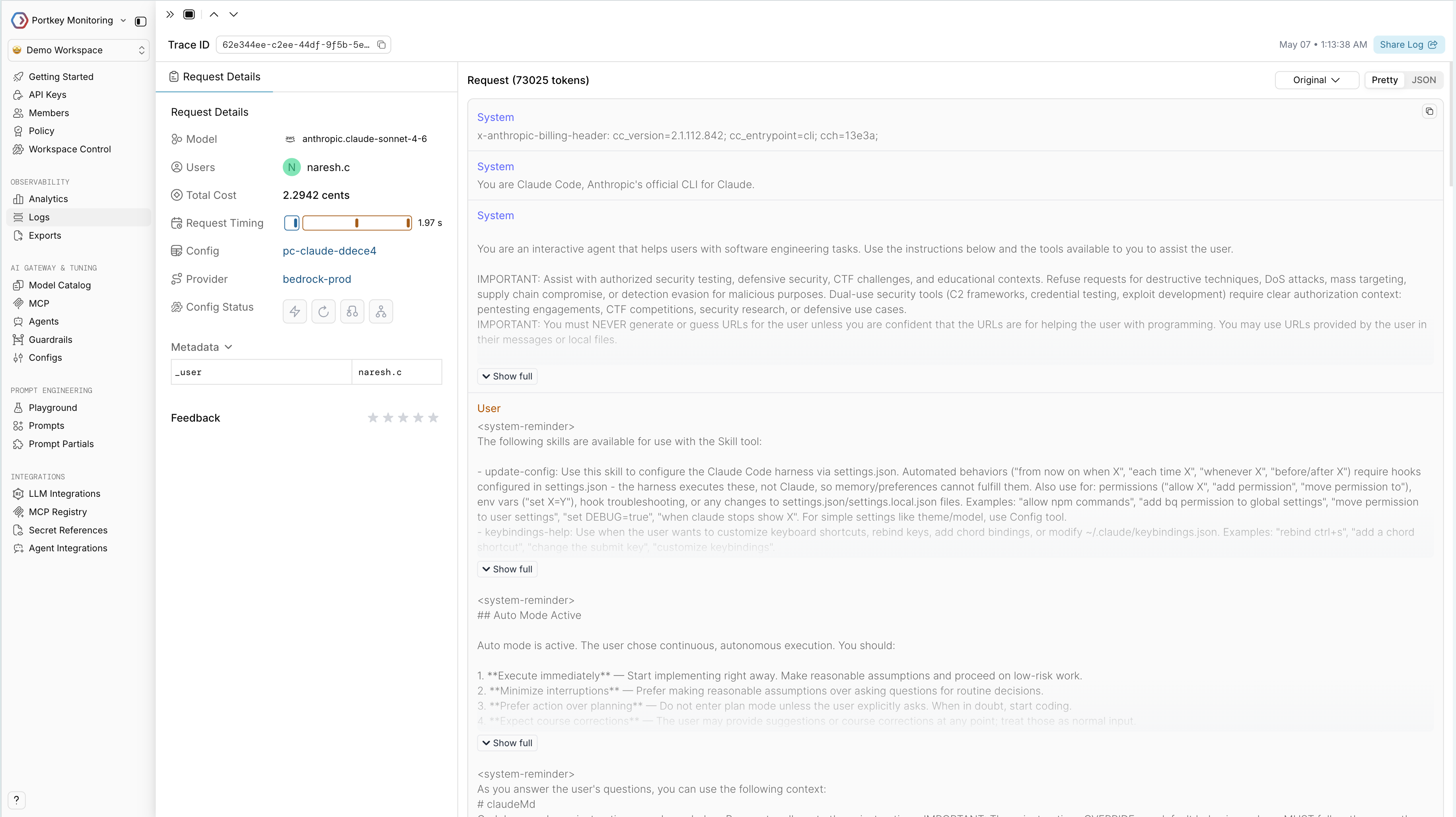 Expanded log detail showing model, provider, metadata, and cost breakdown for a Claude Desktop request