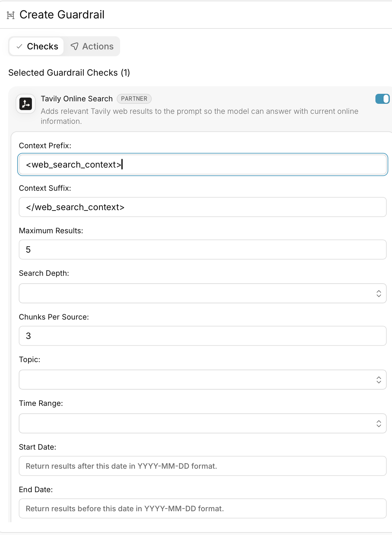 Tavily Online Search guardrail configuration in Portkey