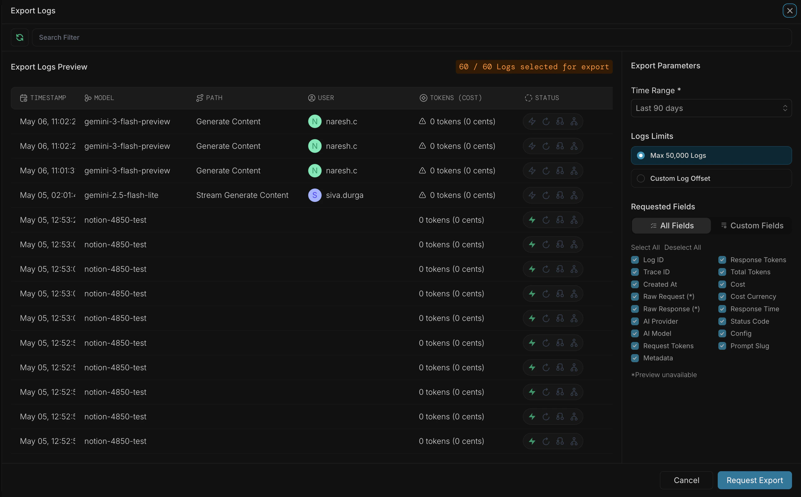 Export logs parameters configuration screen