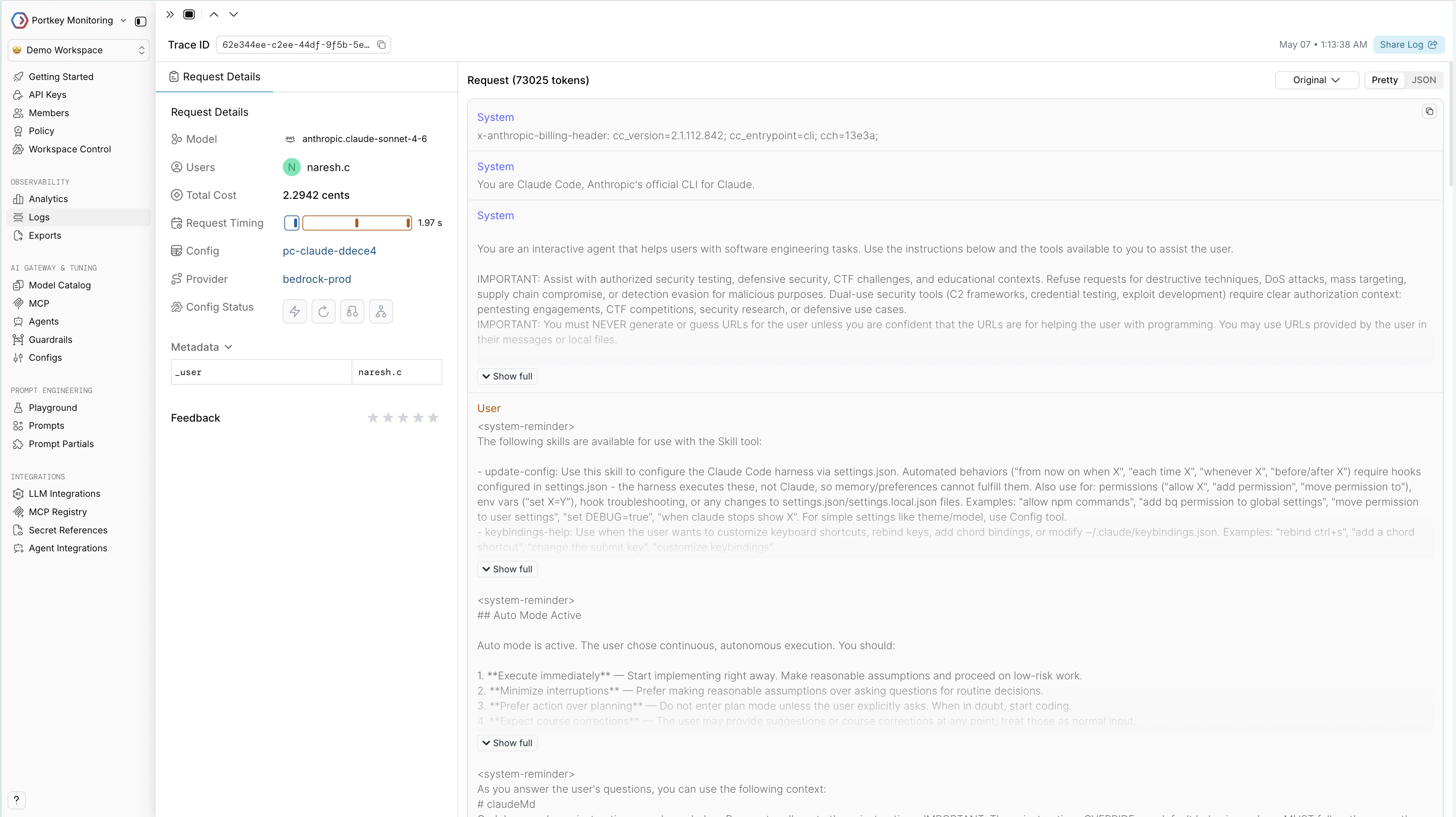 Expanded log detail showing model, provider, metadata, and cost breakdown for a Claude Desktop request