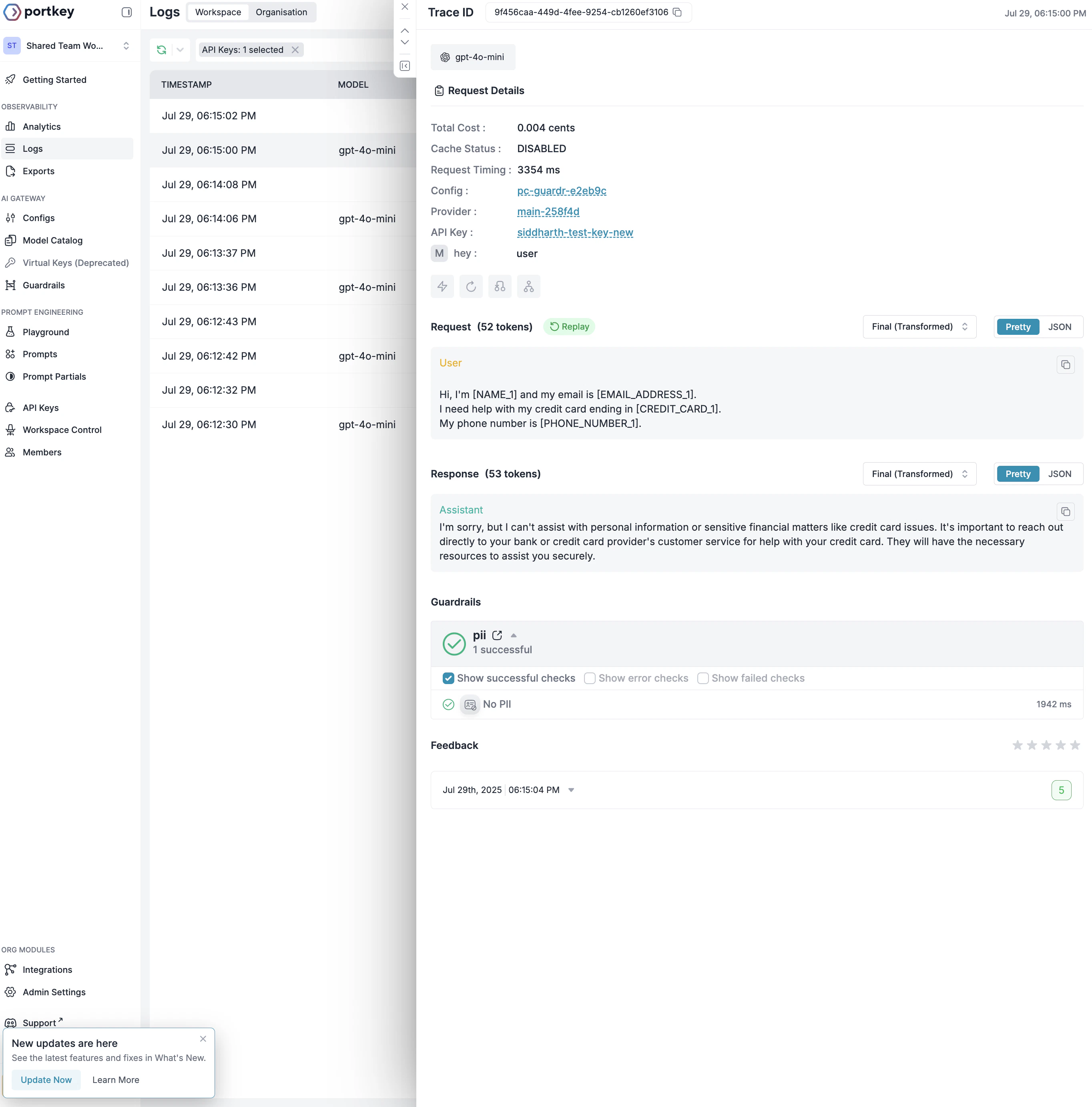 Shows original request with PII and transformed request with placeholders