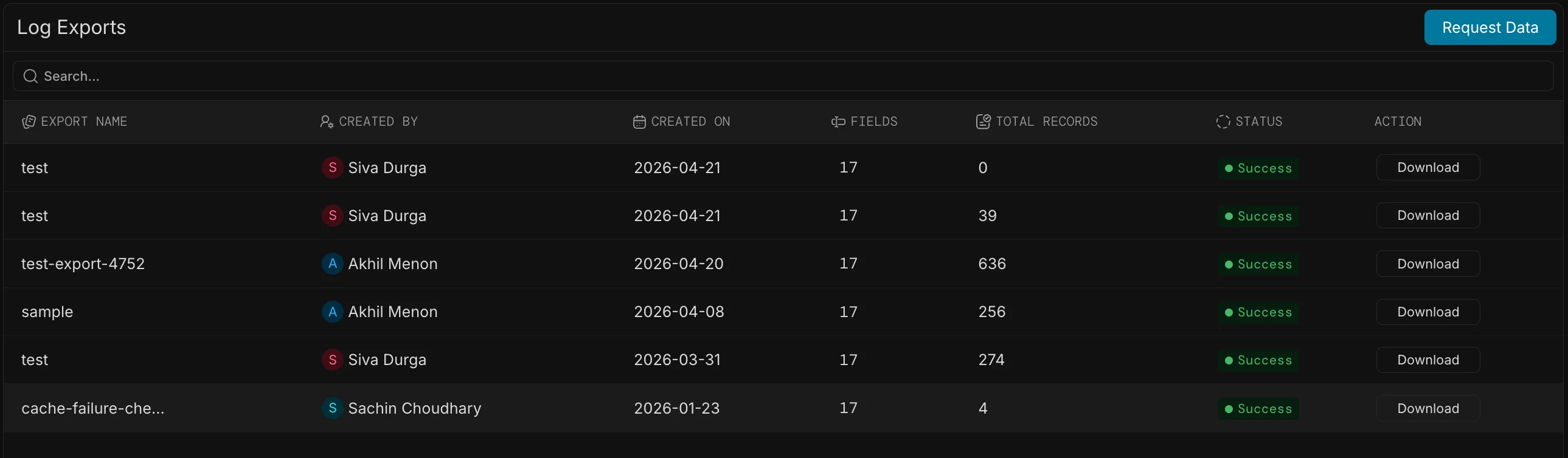 List of exports with status and download options