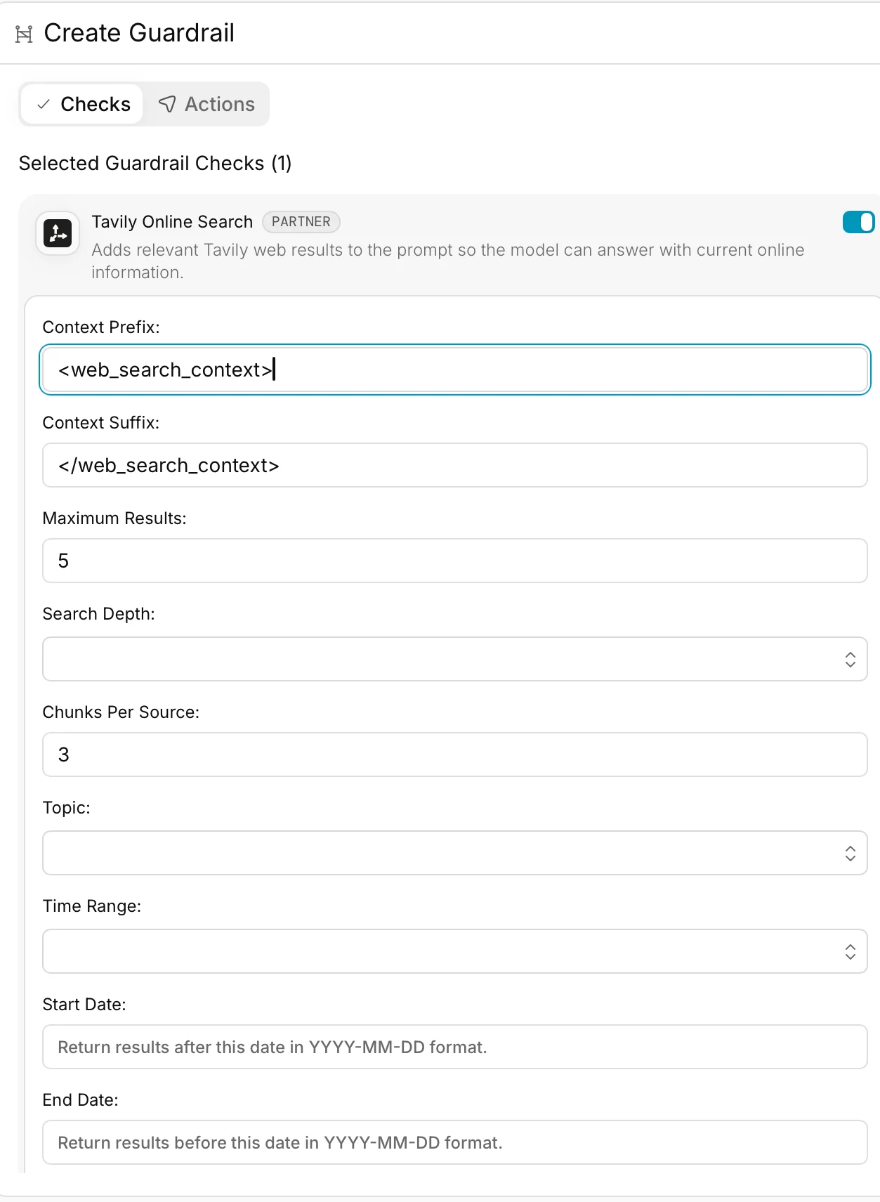 Tavily Online Search guardrail configuration in Portkey
