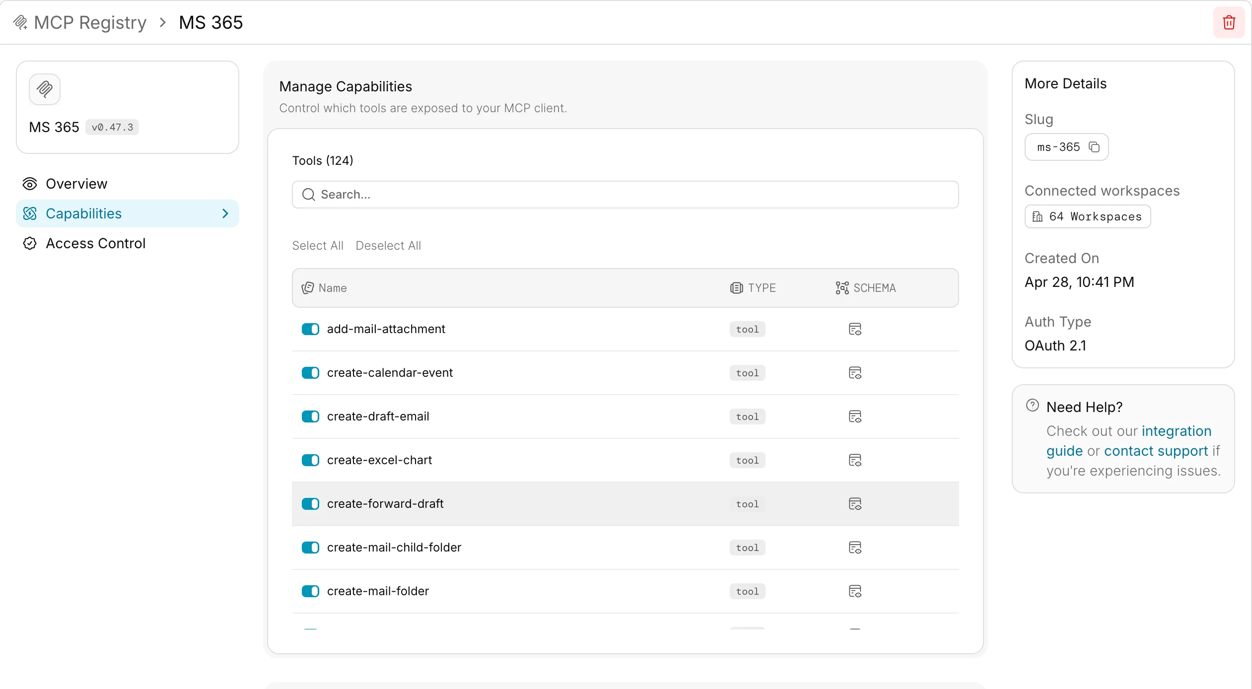 Capabilities tab
