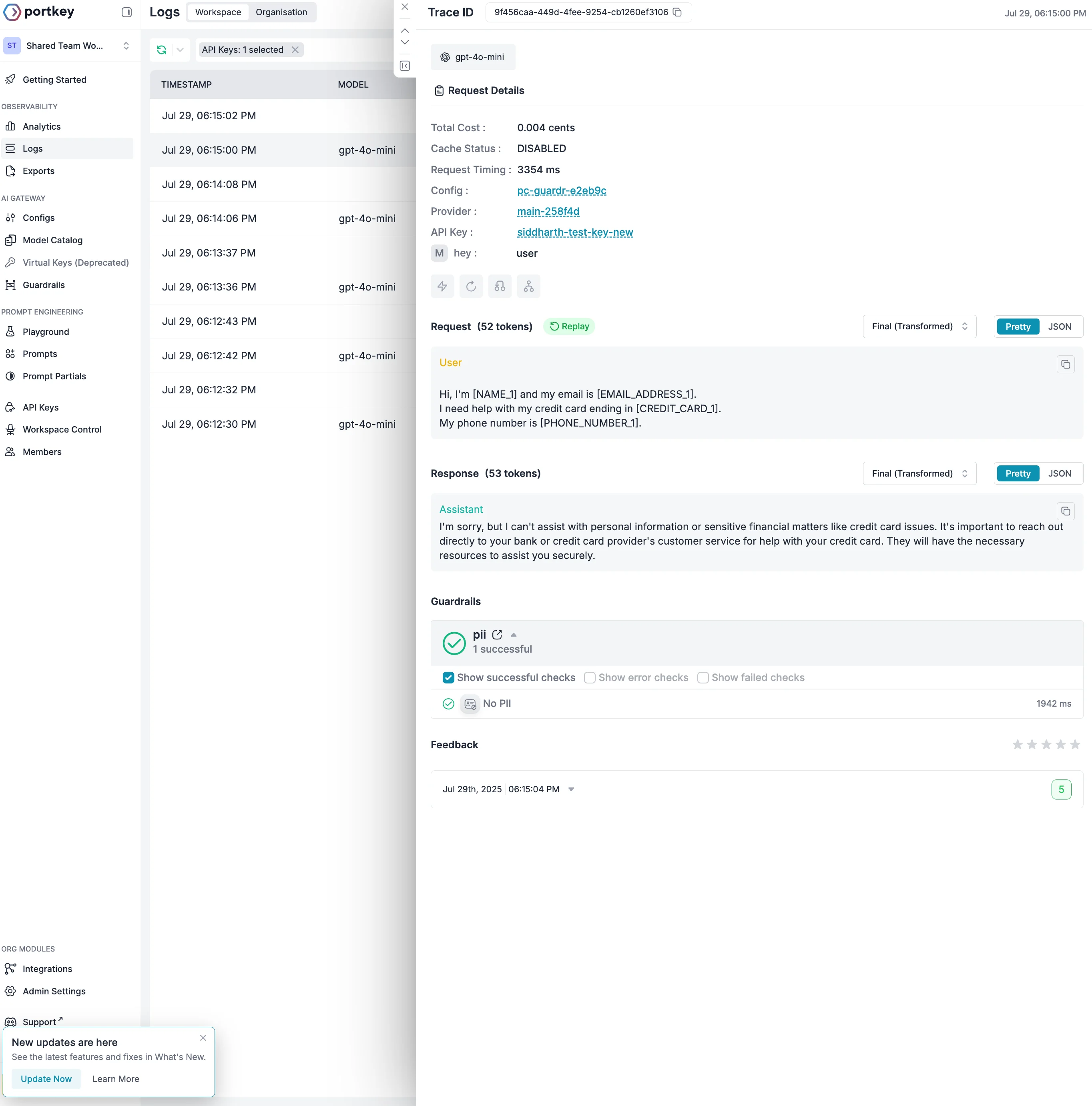 Shows original request with PII and transformed request with placeholders