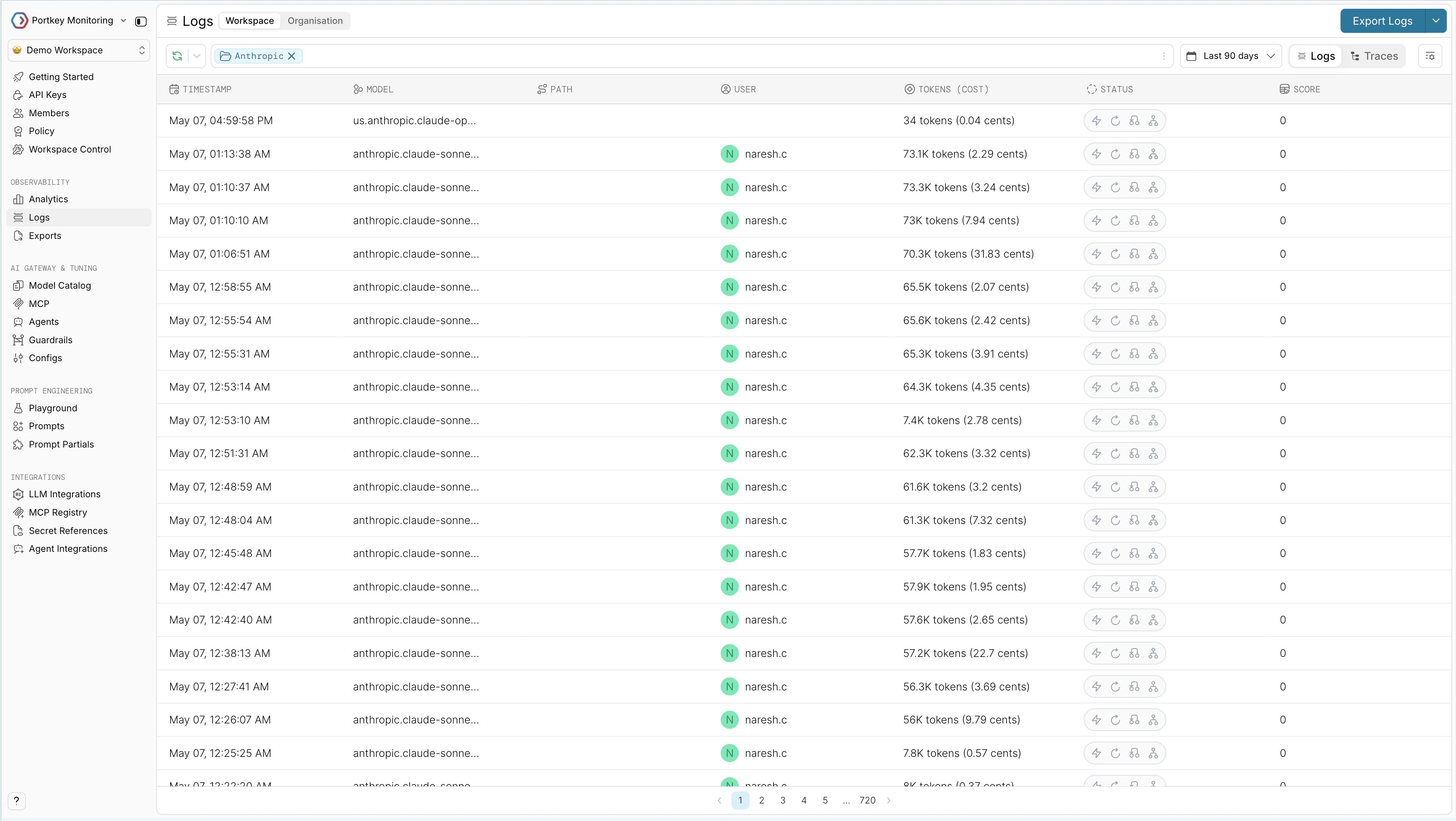 Portkey Logs view showing a Claude Desktop request with metadata, model, and cost