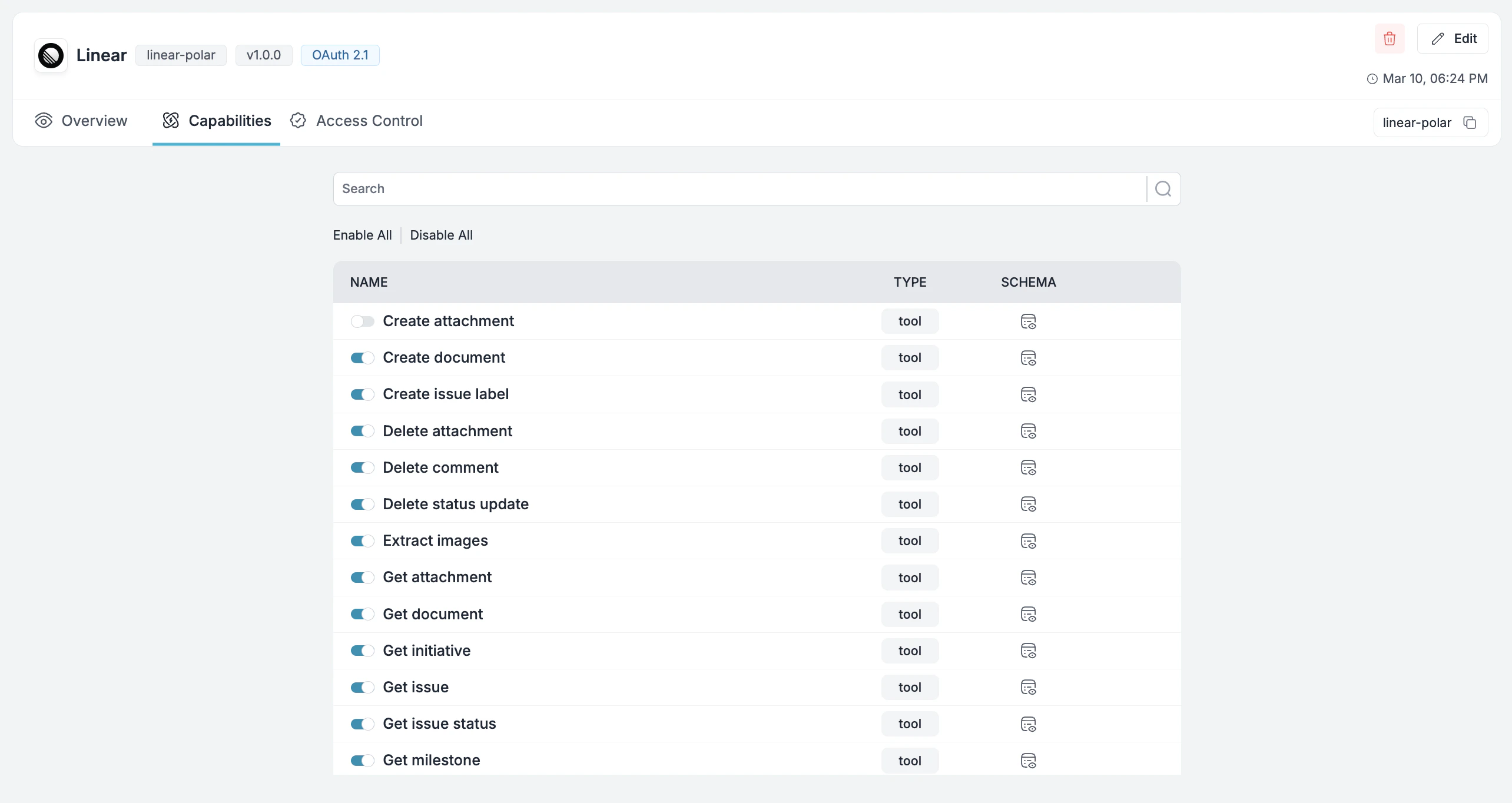 Capabilities tab